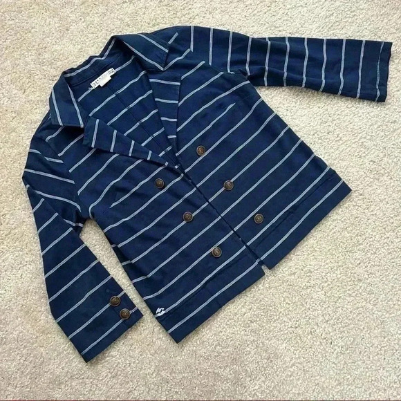 Billabong Lightweight Open Blazer Jacket Navy Blue/White Striped Women Sz Large - Picture 1 of 14